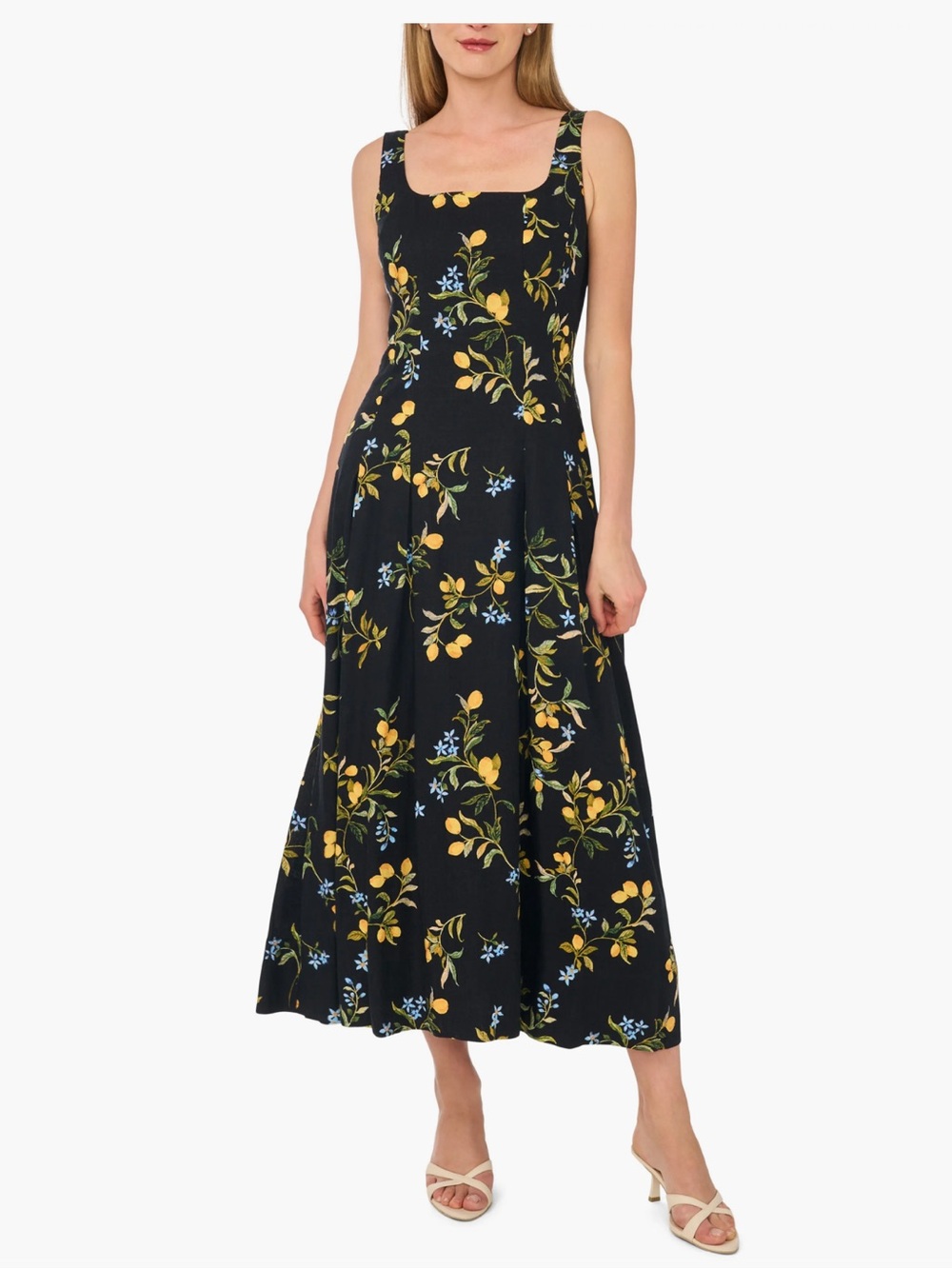 NWT 🍋 Ted Baker Lemon Print Sleeveless Pleated Midi Dress linen bland